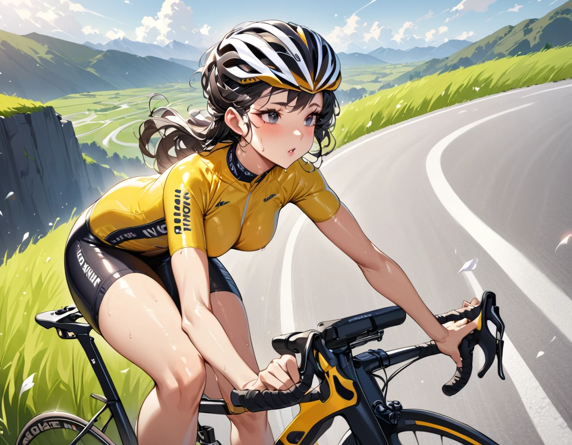 A young and beautiful person,(Highest quality,Extremely detailed depiction,Incredibly absurd high resolution,Anatomically accurate depiction,Nice hands,Perfect Fingers,Curvy Legs,Shiny skin),(Woman riding road bike),(Yellow cycling wear,Black spats,Cycling helmet,Cute hairstyle),eyelash,(Black Eyes,There is cleavage in the chest,Glossy Lips),(Sweat,whole body,Hair blowing in the wind,Flowing landscape,Descending a hill on a road bike,Feeling the wind comfortably)