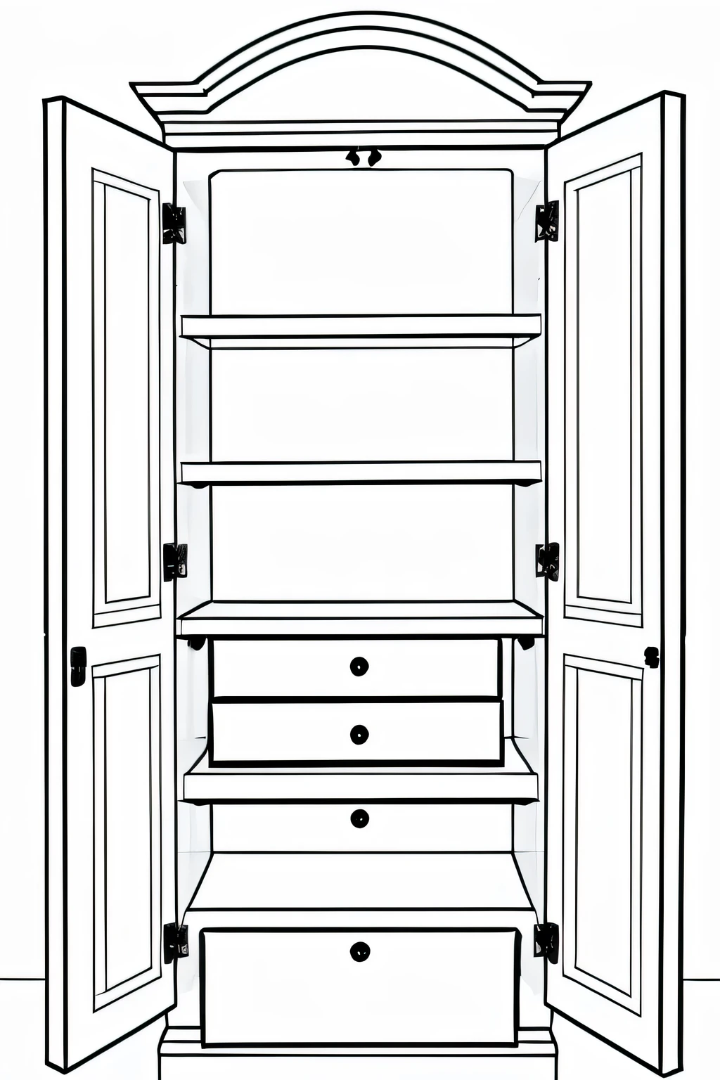 armoire with one door open with clothes inside line art coloring page