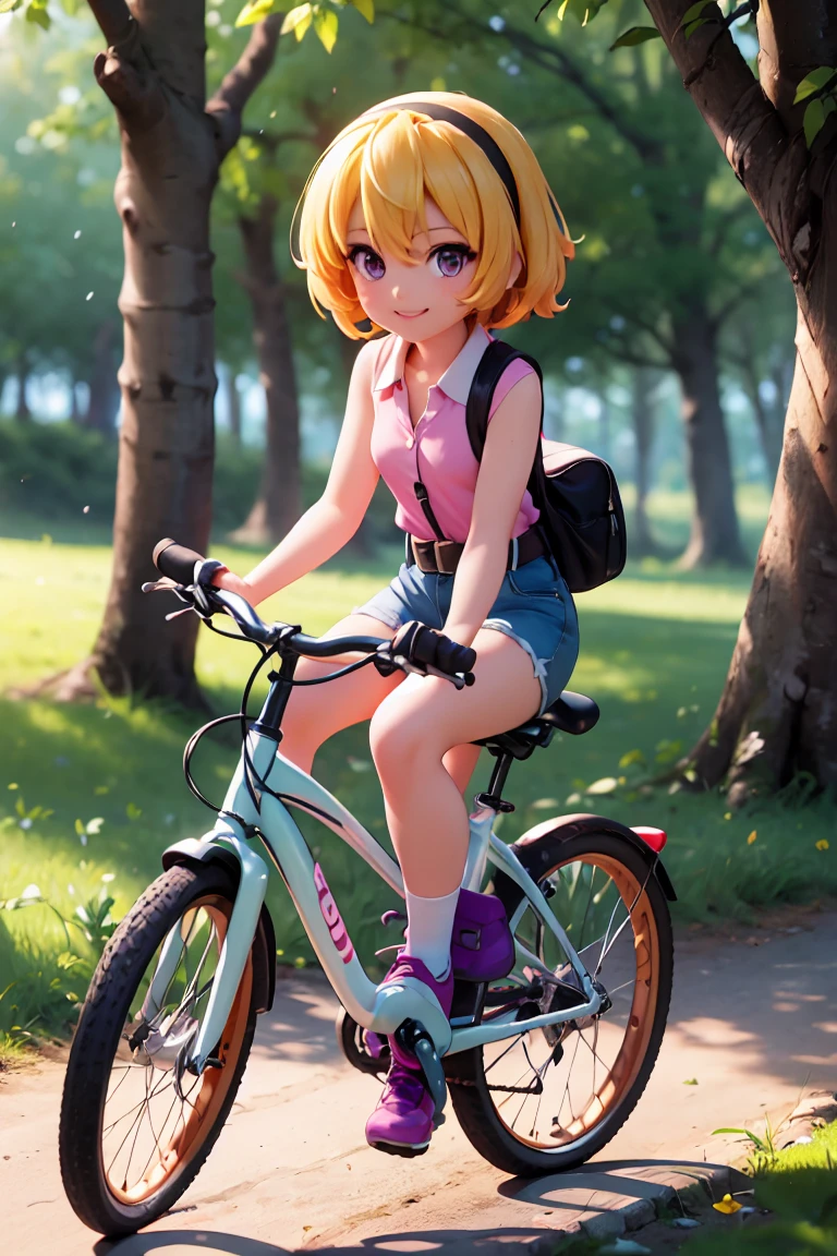 Cycling in nature, (ride a bicycle), (Houjou_Satoko), 1 female, solo,  (Yellow Hair), blonde, Purple eyes, short hair, hair band, Small breasts, 11 years old, Collared shirt,Sleeveless shirt,Pink Shirt,  White Belt, (Denim shorts), Attention to detail, Lush forest, Beautiful riverside, Blue sky, Sunshine pours down, Smiling Rider, chibi figure, full body