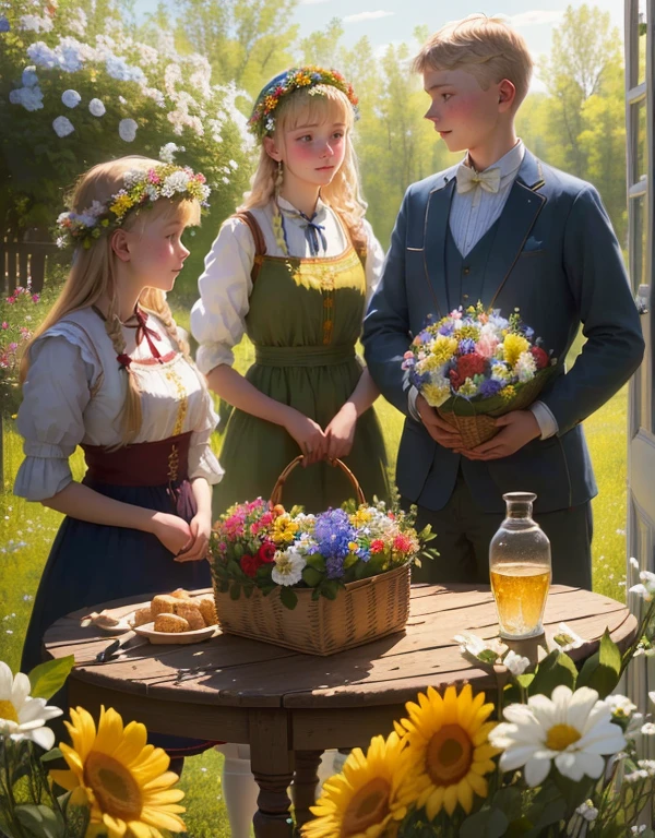 There is a group of people standing at a table with a basket of flowers.., midsummer, traditional russia, midsummer style, 2019, 2 0 1 9, inspired by Carl Larsson, with sunlight on it, sergey krasovskiy, photoshoot, inspired by Konstantin Somov, photoshoot, youth still
