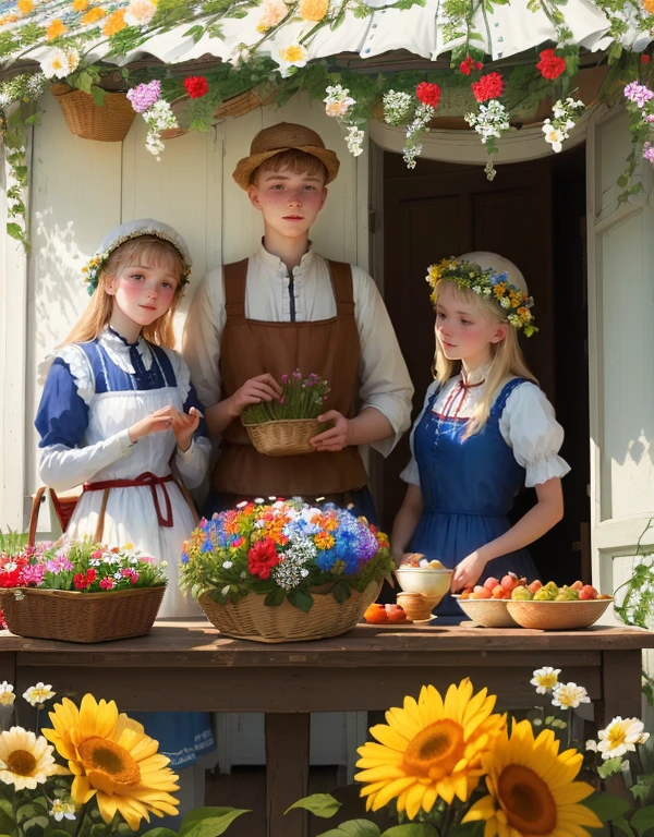 There is a group of people standing at a table with a basket of flowers.., midsummer, traditional russia, midsummer style, 2019, 2 0 1 9, inspired by Carl Larsson, with sunlight on it, sergey krasovskiy, photoshoot, inspired by Konstantin Somov, photoshoot, youth still