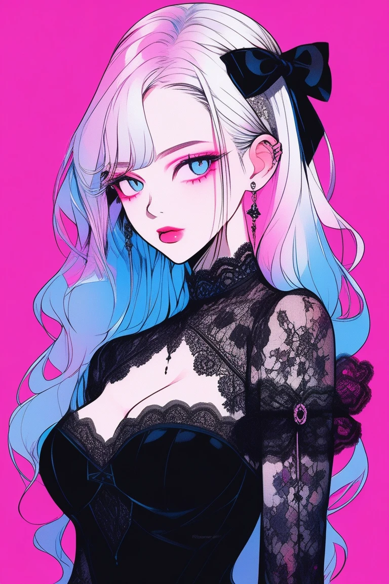 Illustrator, anime , Realistic ,sketch , 1 person, model, Age 25, lip, A black gothic dress with abundant lace and a see-through design., order, Blue and pink gradient background, Neon Medium Hair, Big Breasts, look back, Upper Body, Sexy look, Texture Trim, Canadian, (masterpiece,Highest quality)