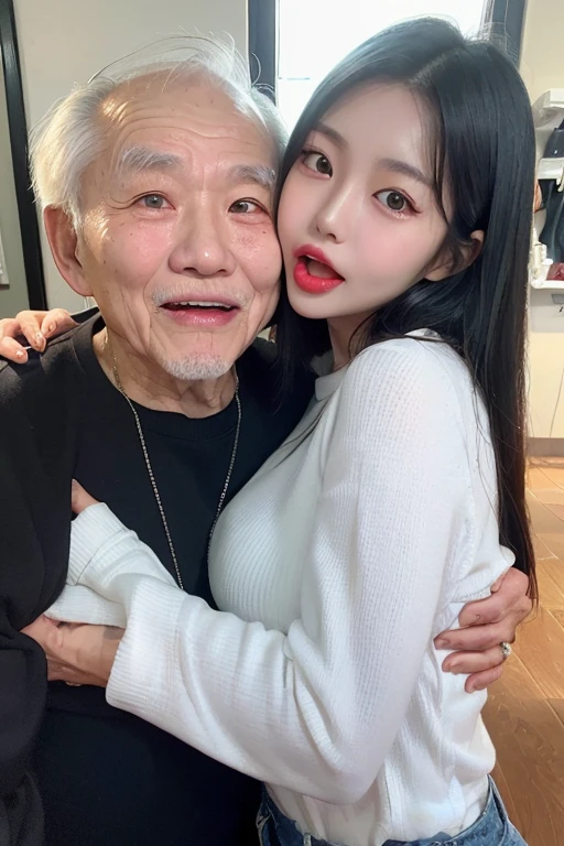 (((1 old korean man and 1 young korean girl couple))), {1 korean girl is 20 years old, strikingly beautiful, black hair, delicate facial features, red lips,expressive eyes, perfect anatomy, best quality, shiny skin, (skinny, slender body:1.2), black hair, very long wavy hair, bangs, shiny-blue eyes, black eyelash, black eyeliner, nose, [shiny natural red lips], brightly smile,  (((old man open mouth and tongue out))), white button-shirt, denim-pants, necklace, smartphone}, (((old man is 70 years old, wearing mechanic's work clothes))), correct hands, ((old man hugging young girl)), focus on old man,