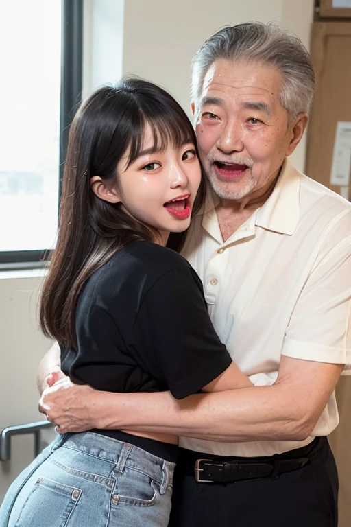 (((1 old korean man and 1 young korean girl couple))), {1 korean girl is 20 years old, strikingly beautiful, black hair, delicate facial features, red lips,expressive eyes, perfect anatomy, best quality, shiny skin, (skinny, slender body:1.2), black hair, very long wavy hair, bangs, shiny-blue eyes, black eyelash, black eyeliner, nose, [shiny natural red lips], brightly smile,  (((old man open mouth and tongue out))), white button-shirt, denim-pants, necklace, smartphone}, (((old man is 70 years old, wearing mechanic's work clothes))), correct hands, ((old man hugging young girl)), focus on old man,