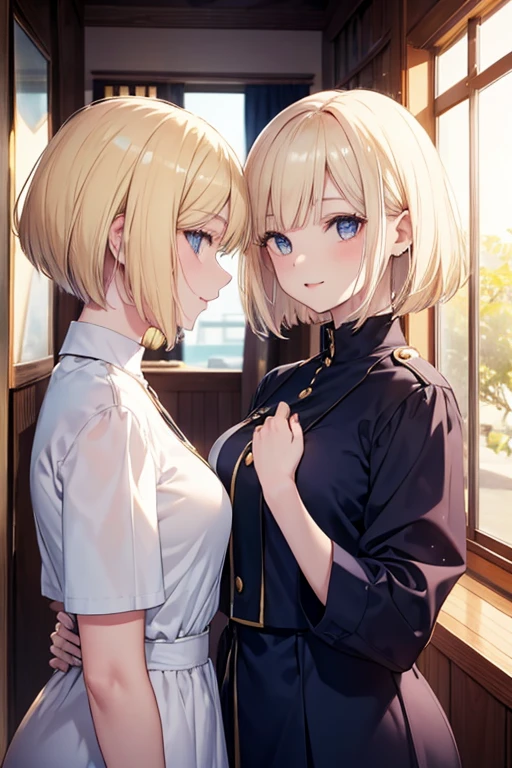 A beautiful blonde woman and a woman with a navy blue bob are flirting