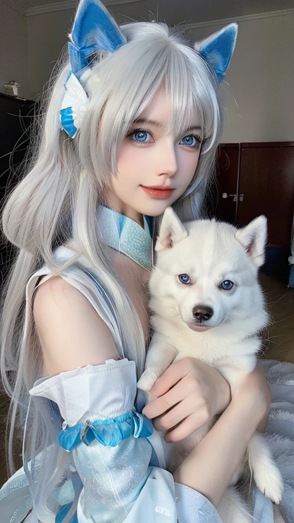 arafed woman with a husky dog in her arms, with blue fur and blue eyes, cute beautiful, with blue eyes, white wolf with blue eyes, beautiful model, with bright blue eyes, profile pic, beautiful cute, husky dog, she has blue eyes, siberian husky, very beautiful girl, mesmerizing blue eyes, with vivid blue eyes, husky