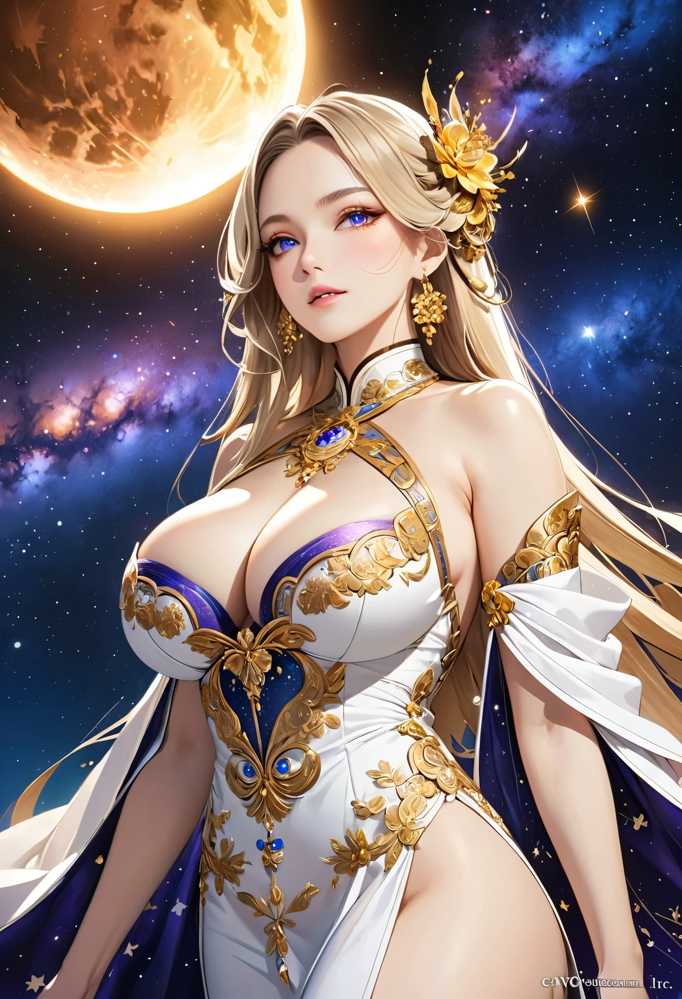 A beautiful dress with beautiful embroidery,(masterpiece, Highest quality, Highest quality, Official Art, beautifully、beautiful:1.2), (One person), Very detailed,chic,((Beautiful fantasy empress)), Most detailed, Perfect Face, High resolution, Impressive visuals, Vibrant colors,Saggy breasts, Huge breasts,Cleavage,Swept-apart bangs,Long Hair,blonde,Mature Woman,A portrait of an anime goddess wearing a beautiful embroidered dress,Golden embroidery on white cloth,beautifully優雅な女王, Beautiful Heavenly Magician, Starry sky background,milky way,,Milky Way,nebula,Extremely beautiful starry sky,Moon Goddess,Mature Woman,Very long eyelashes,Slit eyes,Beautiful Eyes,