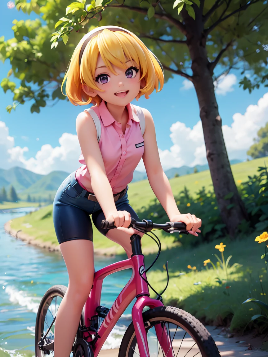 Cycling in nature, (ride a bicycle), (Houjou_Satoko), 1 female, solo,  (Yellow Hair), blonde, Purple eyes, short hair, hair band, Small breasts, 11 years old, Collared shirt,Sleeveless shirt,Pink Shirt,  White Belt, (Denim shorts), Attention to detail, Lush forest, Beautiful riverside, Blue sky, Sunshine pours down, Smiling Rider, chibi figure, full body