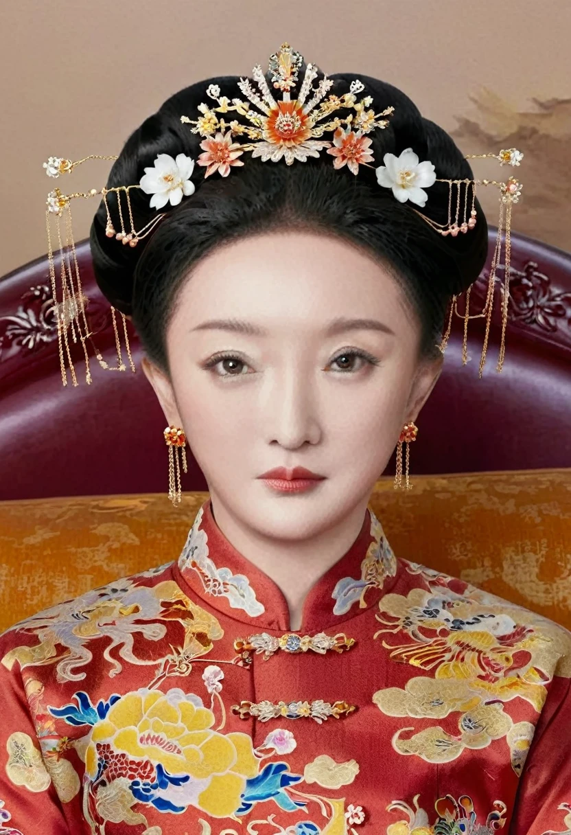 From the pre-Qing period, The Empress sits naked on a large golden sofa in the palace, Her legs were spread, At the Chinese court during the Qing Dynasty, Empress of the Qing Dynasty, Wearing the great crown of the Chinese Empress, Belly and thighs visible from below.。She is completely naked, Showing off gorgeous large flowers and hairpins, She tied her hair up and pulled it up, 背景はEmpress of the Qing Dynastyの豪華な宮殿.