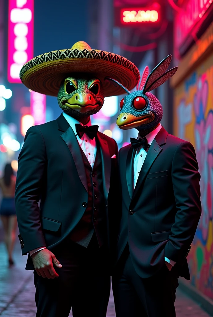 A person with a turtle mask and a mariachi hat wearing a full black suit and a person with a mosquito mask and a mariachi hat in a GTA epic style