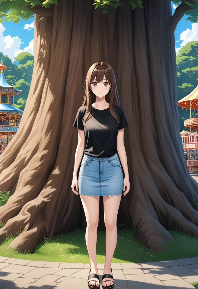 realistic anime illustration of beautiful young woman is under the big tree at amusement theme park, she has brown long hair, she wearing black t-shirt, light-blue denim a-line mini skirt , and black sandals, front view, looking at viewer, (1girl, solo, full body), (masterpiece, best quality, japanese anime style), (expressive eyes, perfect face)