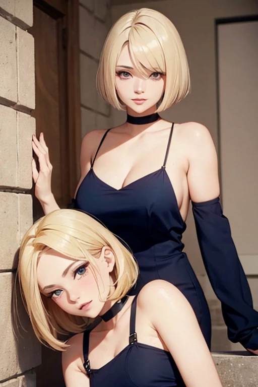 A beautiful blonde woman and a woman with a navy blue bob are flirting
