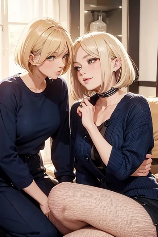 A beautiful blonde woman and a woman with a navy blue bob are flirting