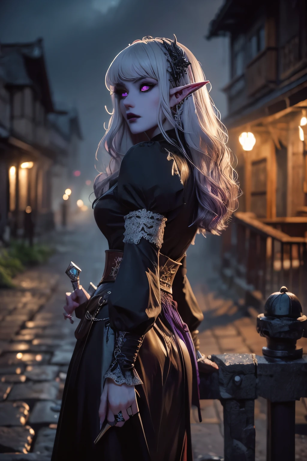 (Ultra-detailed face, looking away, Fantasy Illustration with Gothic, Ukiyo-e, Comic Art, Rich colors),
BREAK
(This is the city of the legend of Dracula in medieval Eastern Europe. Black rain clouds are always gathering and it rains incessantly. People are frightened and stay inside their houses.),
BREAK
(DarkElves: A middle-aged dark elf woman with silver color hair, blunt bangs, very long disheveled hair and dark purple color skin, lavender color eyes),
BREAK
(A female vampire hunter, a dark elf, wears a large red brimmed breton, a traditional Victorian wine colored blouse and skirt, and laced sandals.),
BREAK
(A dark elf female vampire hunter stands by the city's dilapidated gate, drenched in rain, holding a silver dagger and rosary.), (action lines and speed lines)