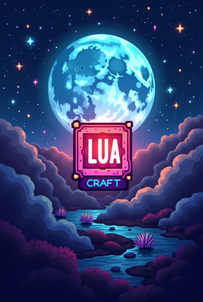 A logo for a Minecraft server named "Lua Craft" in Minecraft style with a beautiful square and big moon in the background along with a galaxy , in square proportion 
