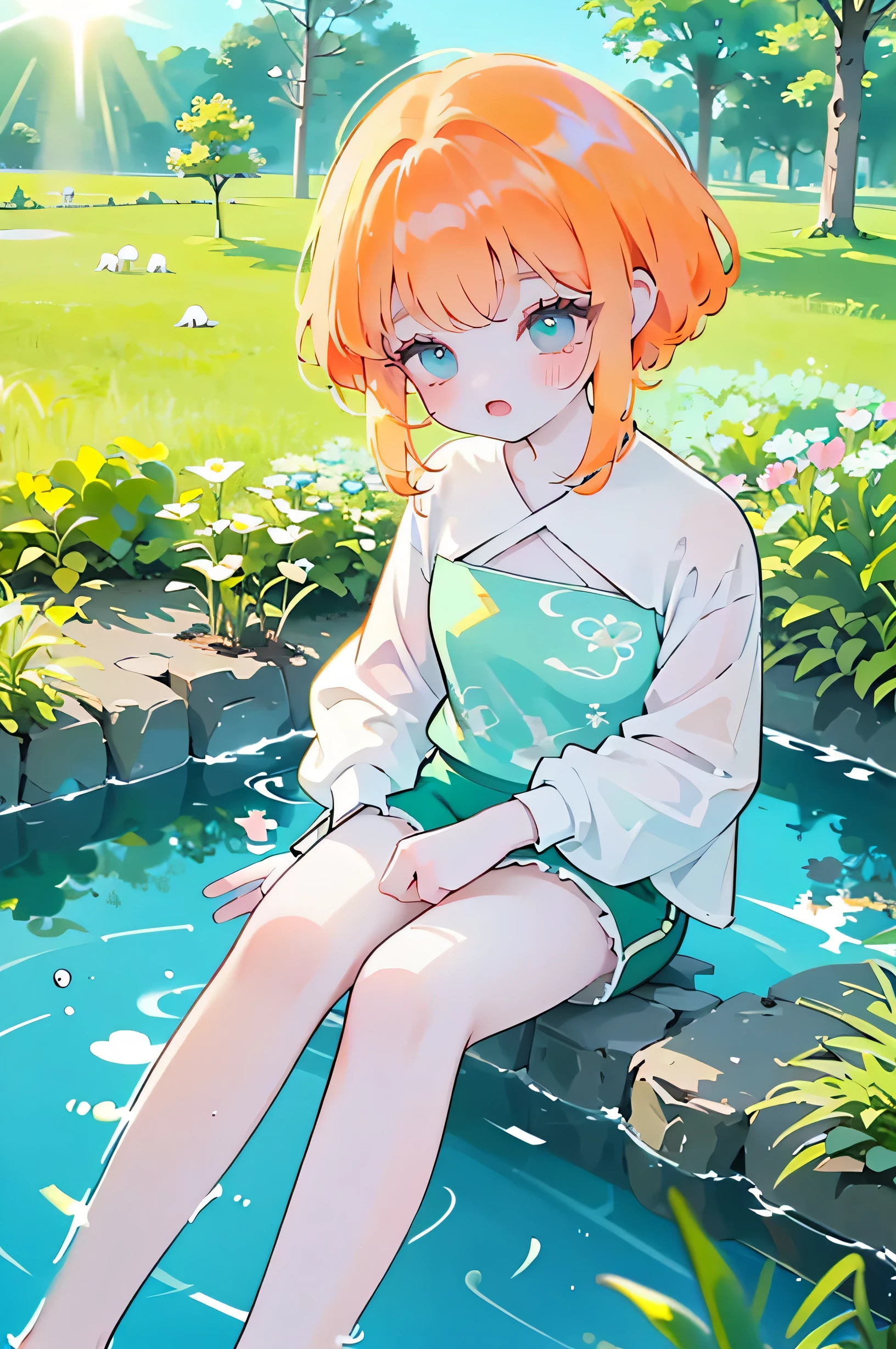 (high quality) (best quality) (a woman) (correct physiognomy) A woman with orange hair, big blue eyes, white skin, with a calm expression, surrounded by green plants and tulip flowers sit in a pond in the middle of the forest, butterflies flying around. lofi picture, chill, tender, sunlight as illumination. Clothes not very covered, Blouse and cute shorts