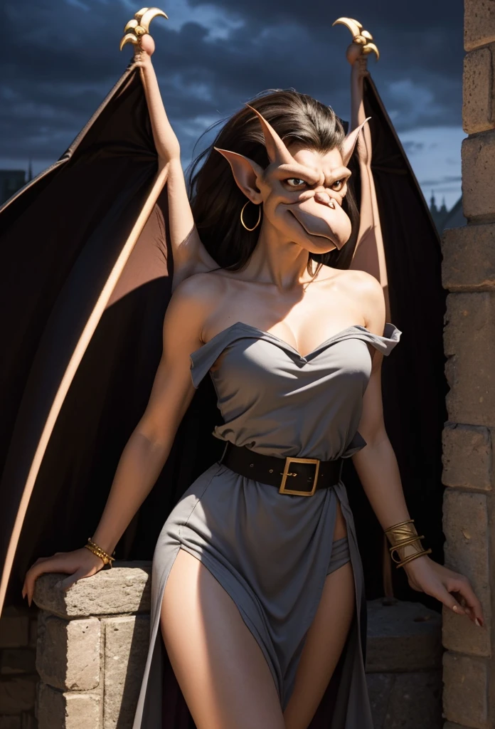 1990s gargoyle in the animation style of Gargoyles: The Goliath Chronicles. female gargoyle character with a humanoid form, lavender-gray skin, and bat-like wings. She has a sleek, athletic build with sharp claws on her hands and feet, pointed ears, and a long, slender tail. Her face is expressive with large, almond-shaped eyes, a defined nose, and a strong jawline. She wears a cream-colored tunic with a golden belt at the waist, along with gold hoop earrings and a gold bracelet. Her dark brown hair is voluminous and styled in a wave that falls just above her shoulders. The setting should have a night-time, gothic atmosphere with dramatic shadows to highlight her confident and poised stance.