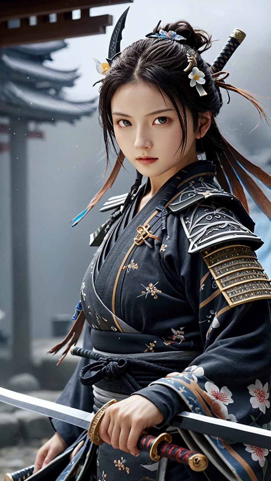 (Japanese sword &reference;Muramasa 2&reference;.2)Beautiful 27 year old woman、Japanese women、Tie your hair back、Hair ornament artist、Shinobi Costume、Warrior、Clear Eyes、{Arm tattoo(SakuraFubuki}'Back Tattoo、Warrior、(Japanese swordを両手で構える、1.3)(Japanese sword1.2)Intermediate position、In front of the body、(Holding a sword horizontally 1.3)、whole body、Long Blade Sword、Realistic battle scenes、敵Warriorの返りBlood、Blood、High resolution、Highest quality、Very detailed、8k、background、The castle is burning、Sparks fly、