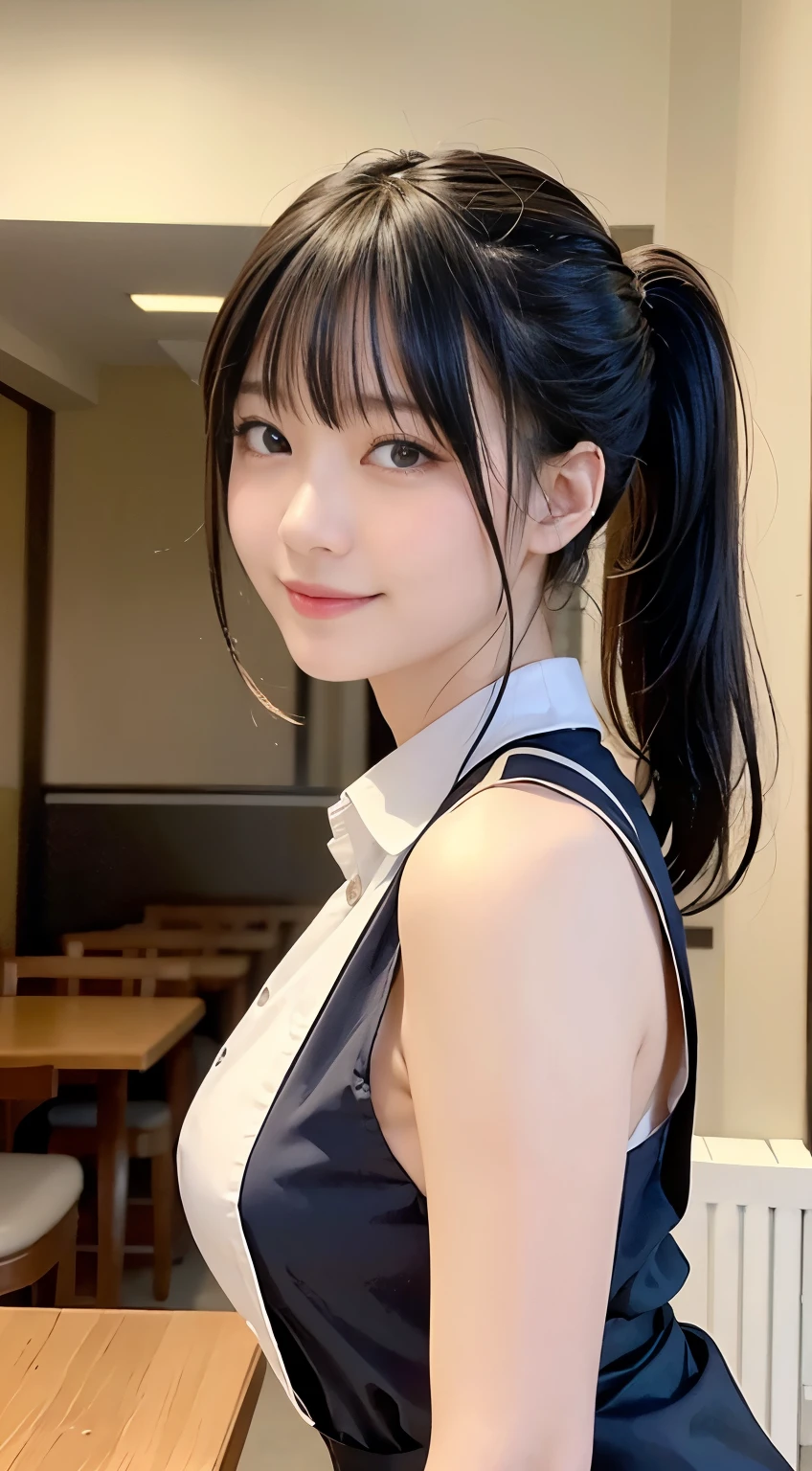 (highest quality,masterpiece:1.3,Ultra-high resolution,),(Very detailed,Caustics),(Photorealistic:1.4,RAW shooting,)Ultra-Realistic Capture,Very detailed,High resolution 16K human skin closeup。 Natural skin texture、,Pores、、、、It must be detailed enough to be easily identifiable。 Skin tone is even and healthy looking。 Use natural light and color,restaurant,Waitress Uniform,1 girl,Japanese,18-year-old,cute,Black-haired,ponytail,,smile,Turn your body forward,(Front view:1.1),Looking at the camera,Cowboy Shot,