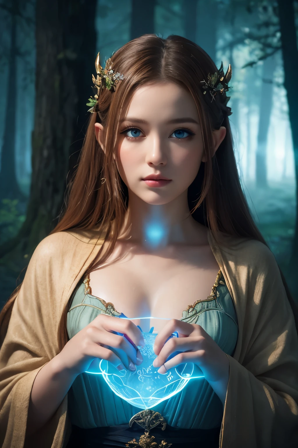 ((masterpiece)), ((best quality)), (ultra-detailed), ((kawaii)), cute, (lovely), ((extremely detailed)), 4K, (8K), best quality, (beautiful), photorealistic, portrait, legendary, elf, a cute girl, solo, sorceress, ancient forest, mystical, aura, flowing robes, glowing, runes, wisdom, magic, serene, timeless, beautiful blue eyes, cinematic lighting,