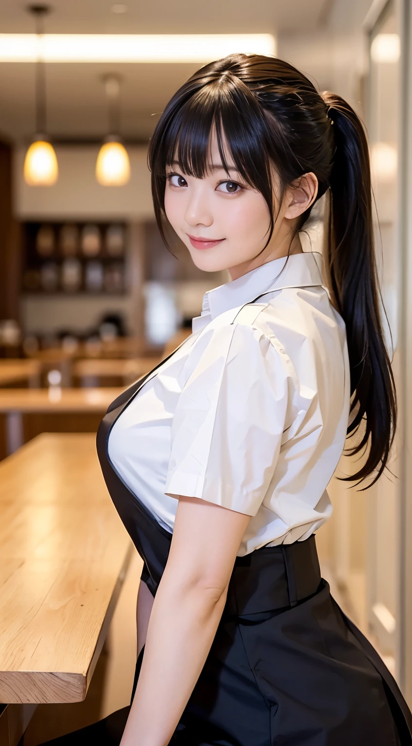 (Highest quality,masterpiece:1.3,Ultra-high resolution,),(Very detailed,Caustics),(Realistic:1.4,RAW shooting,)Ultra-Realistic Capture,Very detailed,High resolution 16K human skin closeup。 Natural skin texture、,pores、、、、It must be detailed enough to be easily identifiable。 Skin tone is even and healthy looking。 Use natural light and color,restaurant,Waitress Uniform,1 person,Japanese,18-year-old,cute,Black-haired,ponytail,Big Breasts,smile,Turn your body forward,(Front view:1.1),Looking into the camera,Cowboy Shot,