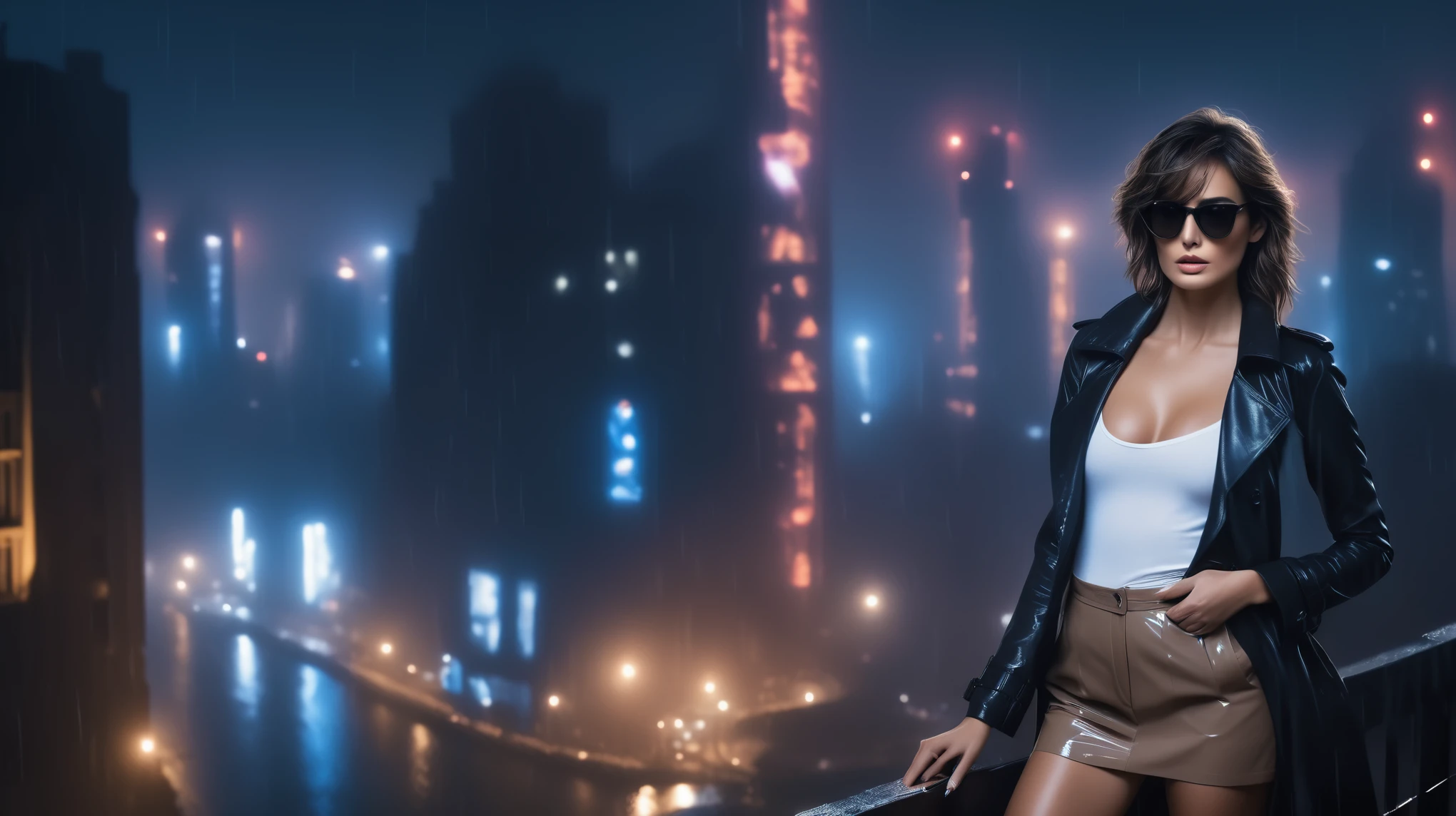 (Hyper-realistic photograph:1.4), Captivating scene under the rain at night on a rooftop, a sexy slim woman, large breast cleavage, with short brown hair, three-quarters view, Black trench coat, (black sunglasses, holding a short gun), with a dark rainy city landscape in background, blue eyes, photography style, (half-body shot:1.3), (contemplative expression:1.2),(well-lit:1.2) Extremely Realistic, serendipity art, (sharp focus:1.3), intricate details, highly detailed, by God himself, original shot, masterpiece, detailed and intricate, Movie Still, guttojugg1