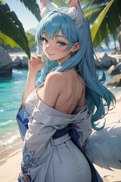 (masterpiece,best quality,ultra-detailed), an anime lady who is at 23 years old, gentle and kind, young yet mature, beautiful, caring, dearing, loving, forgiving, protective, motherly onee-chan. She has ice white side-swiped bangs, ocean blue oval eyes, arctic fox ears and tail, wearing stylish off-shouder kimono, standing in a rear, butt focus, face turning and smiling at viewer in a nurturing expression