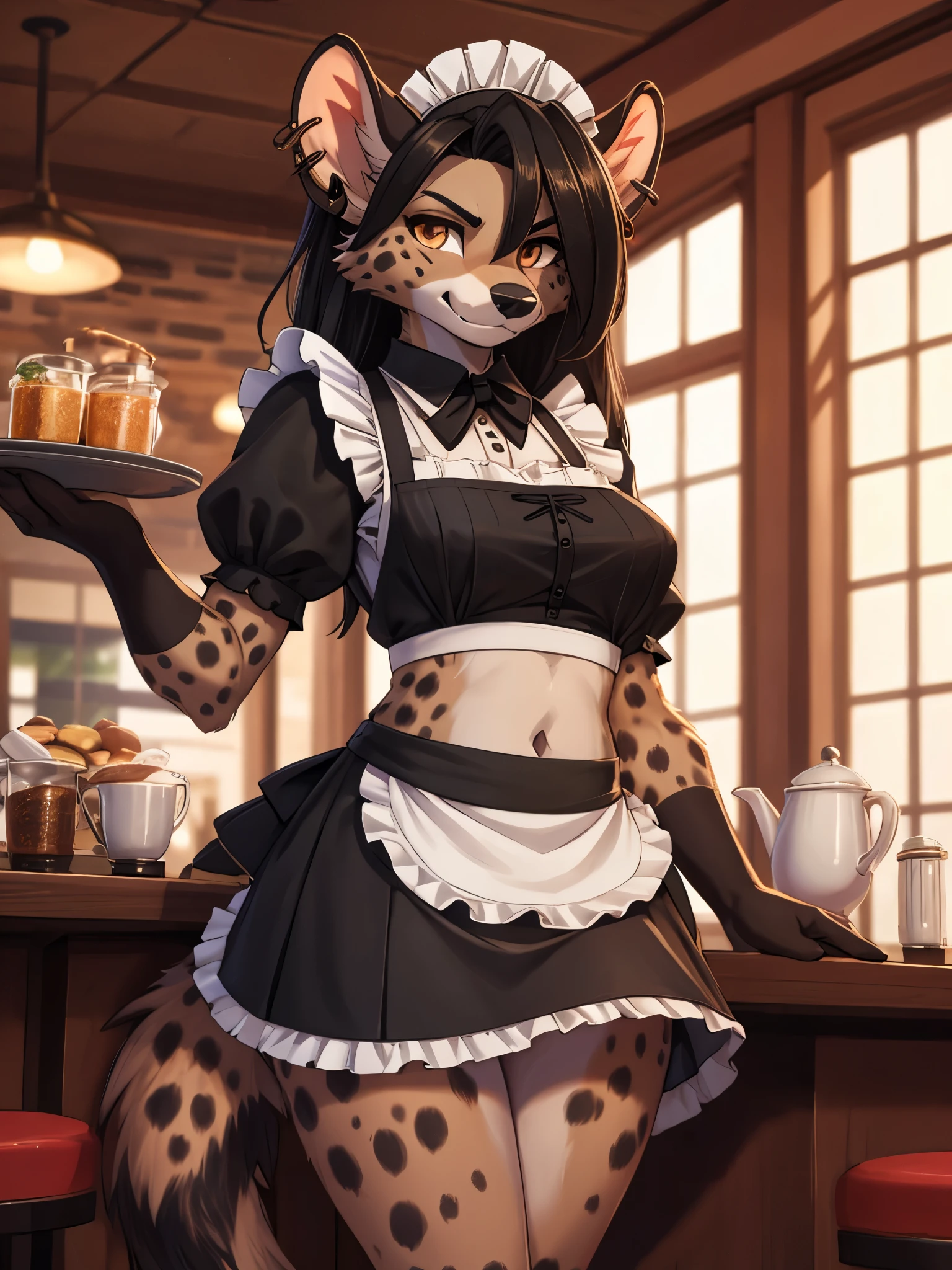 a female anthro furry hyena girl, black hair, hyena spots, black hands and feet, brown eyes, high definition_detail:1, showing off her beautiful figure and her outfit. (Maid navel blouse, maid mini skirt)sweaty body add_details:1, smiling add_detailsl:1, ear piercing add_detail:1, beautiful and detaileds hands, fullbody, in a coffeshop, angry face, angried girl, malomurada, mesera enojada