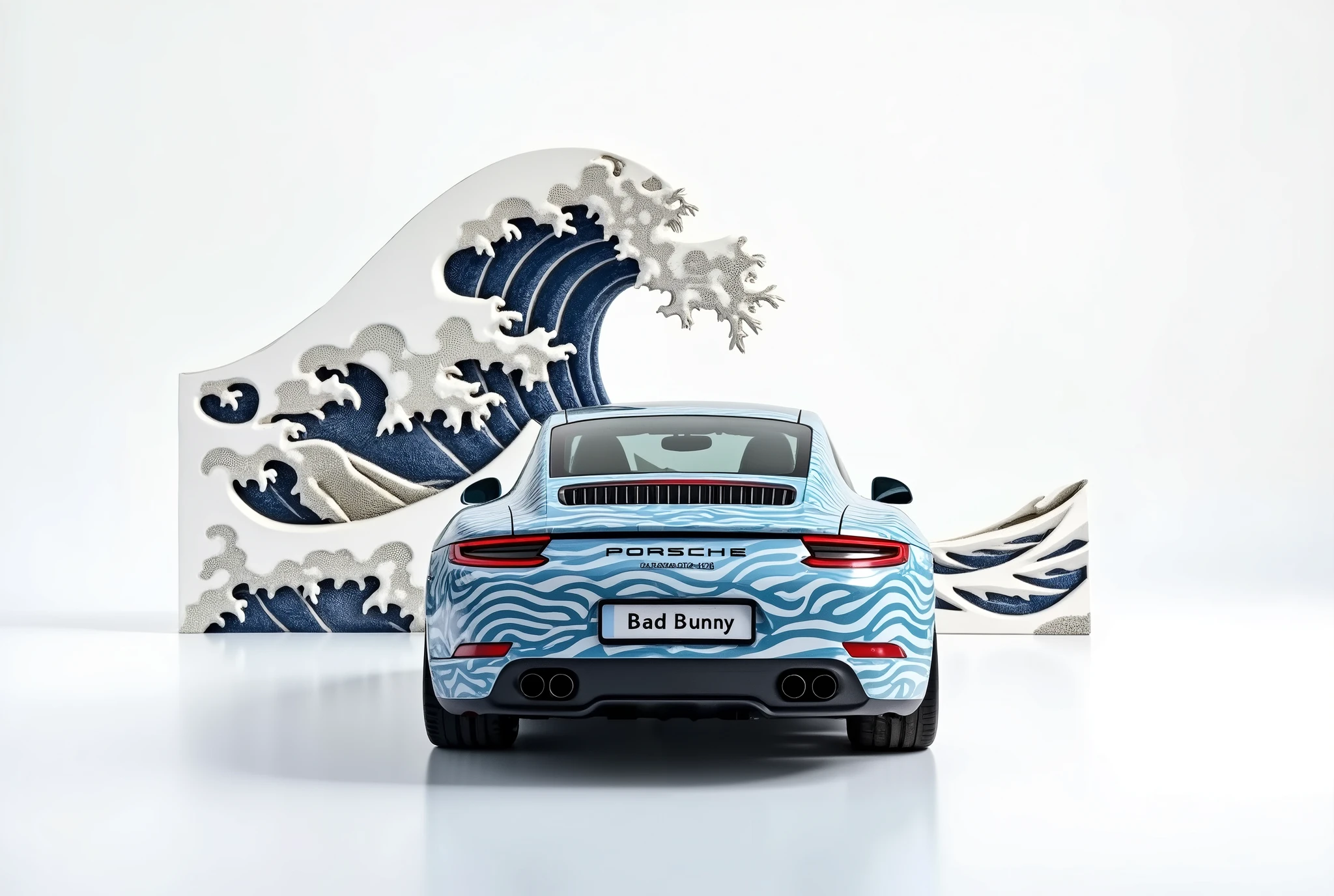 Generate a stunning, minimalist scene featuring a Porsche 911 GTS, numberplate reads "Bad Bunny", adorned with intricate Japanese wave art, inspired by Hokusai’s 'The Great Wave off Kanagawa.' The car’s livery seamlessly blends shades of deep blue and white, depicting elegant ocean waves rolling across its sleek body. In the background, a three-dimensional wave sculpture mirrors the car’s design, with soft paper-like textures giving it an artistic and surreal quality. The scene is set against a clean, white background, allowing the detailed artwork to take center stage, while the car’s powerful form remains sharp and striking.
