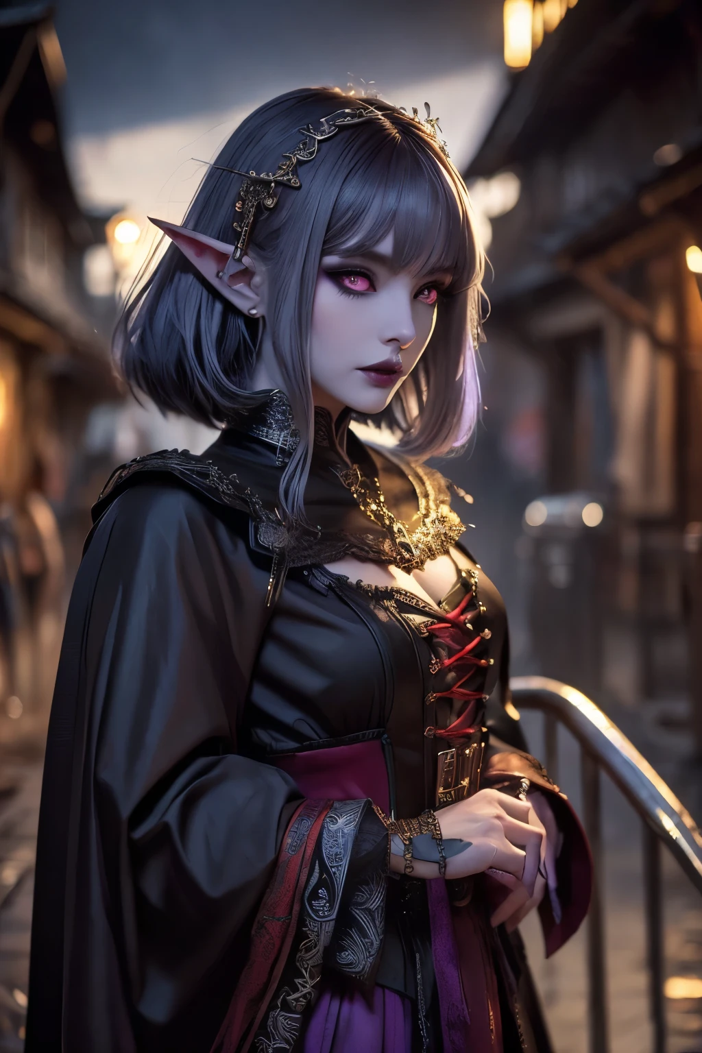 (Ultra-detailed face, looking away, Fantasy Illustration with Gothic, Ukiyo-e, Comic Art, Rich colors), 
BREAK 
(This is the city of the legend of Dracula in medieval Eastern Europe. Black rain clouds are always gathering and it rains incessantly. People are frightened and stay inside their houses.), 
BREAK 
(DarkElves: A middle-aged dark elf woman with silver color hair, blunt bangs, very long disheveled hair and dark purple color skin, lavender color eyes), 
BREAK 
(A female vampire hunter, a dark elf, wears a large red brimmed breton, a traditional Victorian wine colored blouse and skirt, and laced sandals.), 
BREAK 
(A dark elf female vampire hunter stands by the city's dilapidated gate, drenched in rain, holding a silver dagger and rosary.), (Heavy rain, drenched with rain.)