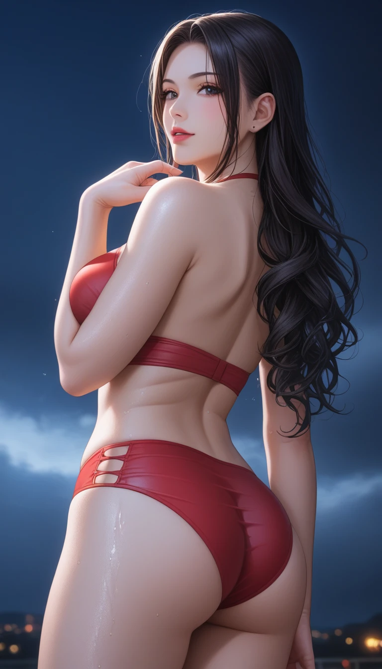 score_9, score_8_superior, score_7_superior, High-resolution CG illustration,A masterpiece in 32K resolution,Highest quality,it is really amazing,Very detailed,Ultra-high resolution,Ultra-realistic,Realistic,Increased depth of field,Cinematic lighting,
Sexy mature Japan woman,
Glossy black hair,Straight Long Hair,Showing his forehead,god々Beautiful,Ultra-detailed and beautiful face,Sensual look,Beautiful dark brown, moist eyes,Pitch black eyes,Glowing, moisturized skin,Translucent white skin,born々New skin texture,Wet body,Great proportions,
Elegant red swimsuit,
Simple design,Chic color scheme based on red,詳細なborn地の質感,
A dark and blurry night background,Dark overcast sky on a dull night,Dark clouds filling the sky,Thundercloud,Coastline at night,Stormy seas,delay々A desolate sandy beach that continues,
Beautiful back view,(Low - Angle:1.1),