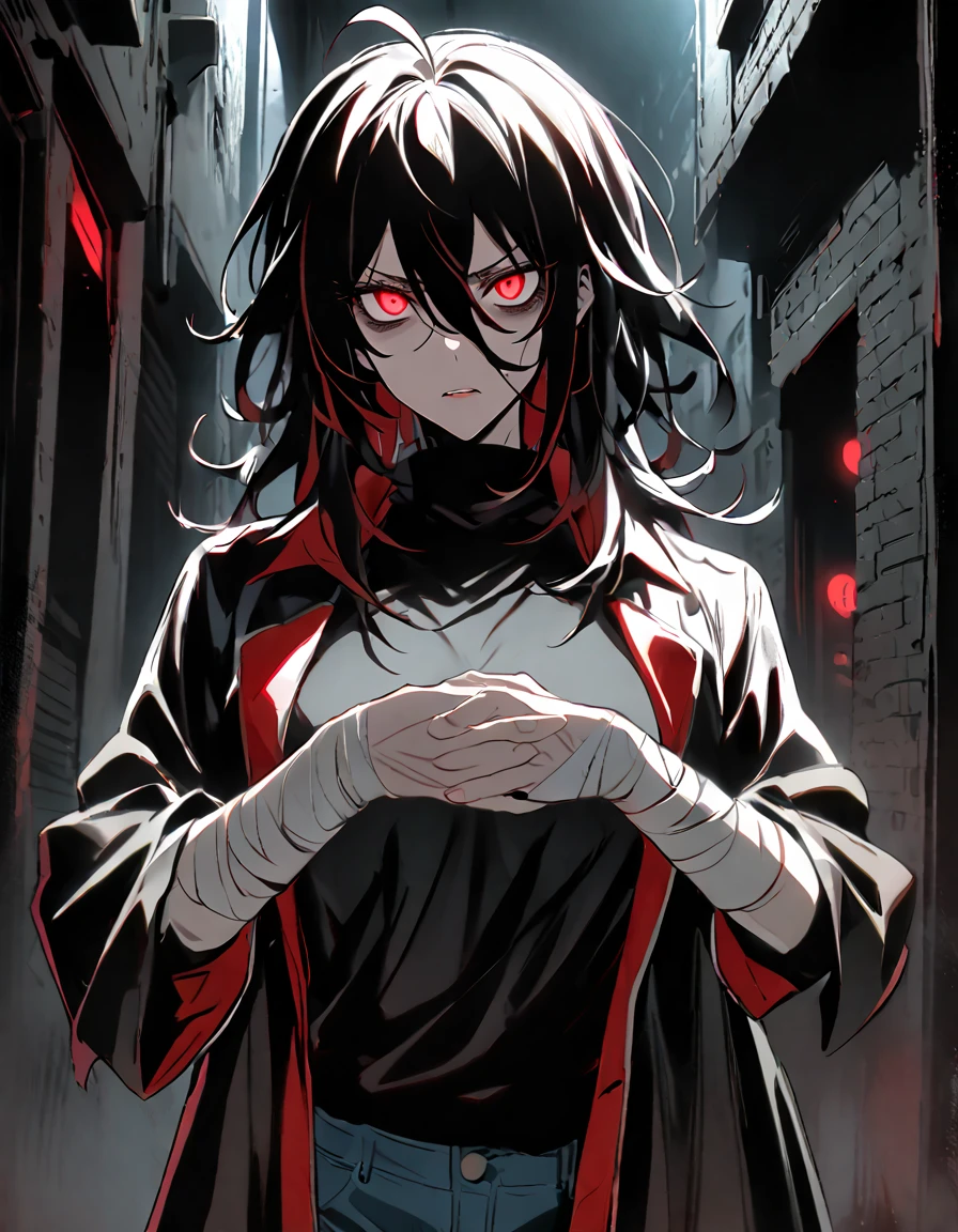 mature, Crimson eyes, bloodshot eyes, looking at viewer, female, very dark alley background, messy hair, black shoulder-length hair, parted lips, hair between eyes, ahoge, tired eyes, jeans, black turtleneck shirt, dark long coat, bags under eyes, glowing eyes, dark, bandages around her hands, night, emotionless, lots of scars, frown, standing, vampire, eerie