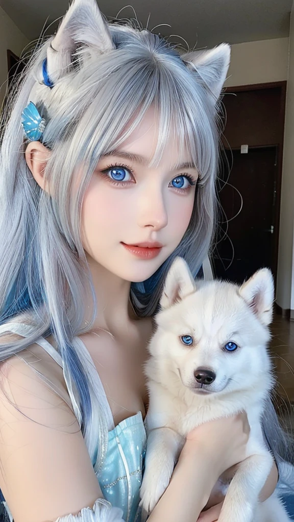 arafed woman with a husky dog in her arms, with blue fur and blue eyes, cute beautiful, with blue eyes, white wolf with blue eyes, beautiful model, with bright blue eyes, profile pic, beautiful cute, husky dog, she has blue eyes, siberian husky, very beautiful girl, mesmerizing blue eyes, with vivid blue eyes, husky
