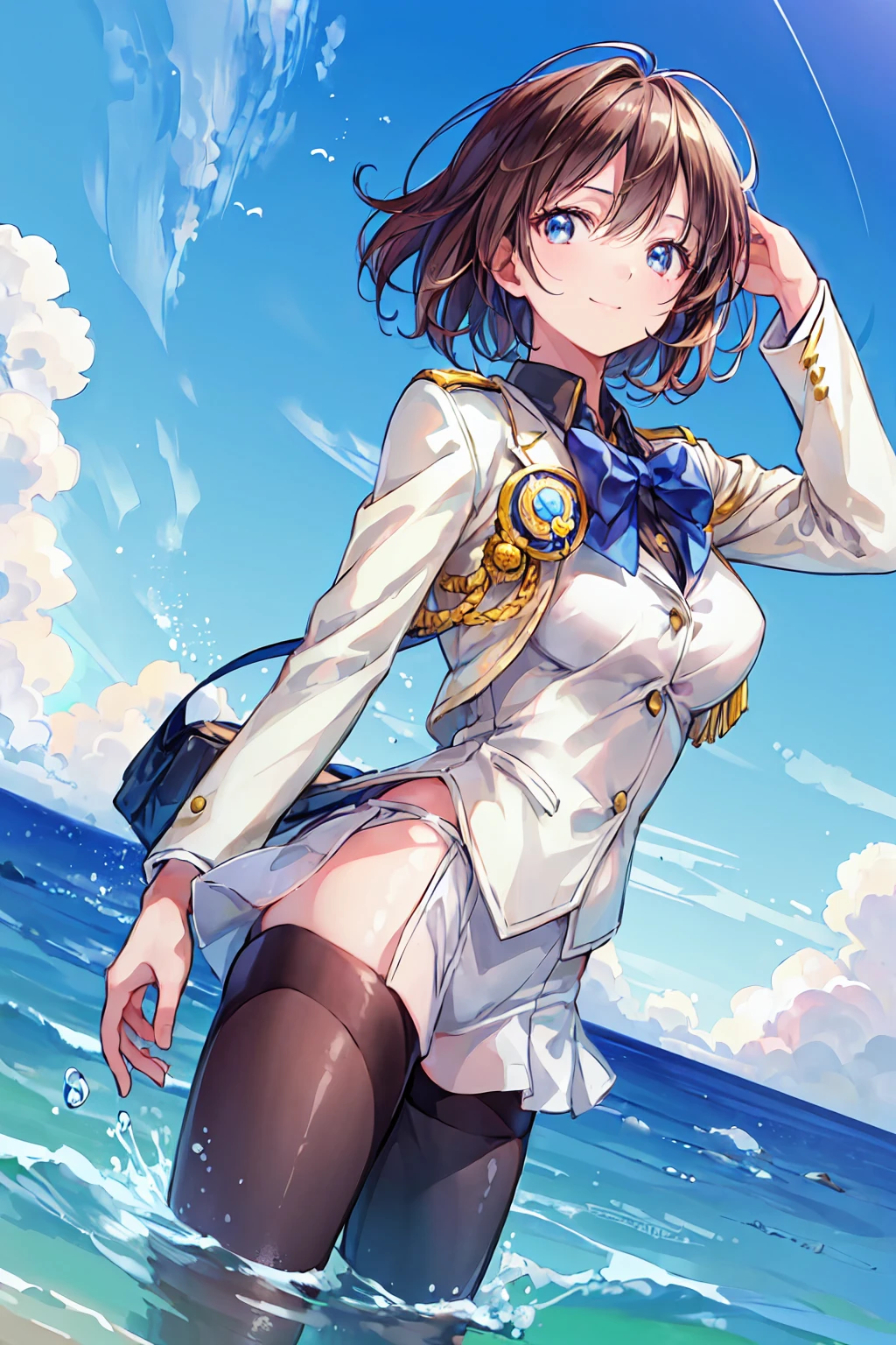 (Highest quality,masterpiece:1.3,Ultra-high resolution),(Very detailed,Caustics,8k),(Realistic:1.4,RAW shooting),18-year-old,Japanese,cute,I'm looking at the camera with a smile on my face,Blazer Uniform,forward leaning posture,Waist up shot,(Face Focus:1.2),(Face close-up:1.2),(Low position:1.3),(Low - Angle:1.4),blue sky,Natural light,Brown Hair,Shortcuts,Slender beauty,Messy Hair,Summer sunshine,blue sky,Once the typhoon passed
