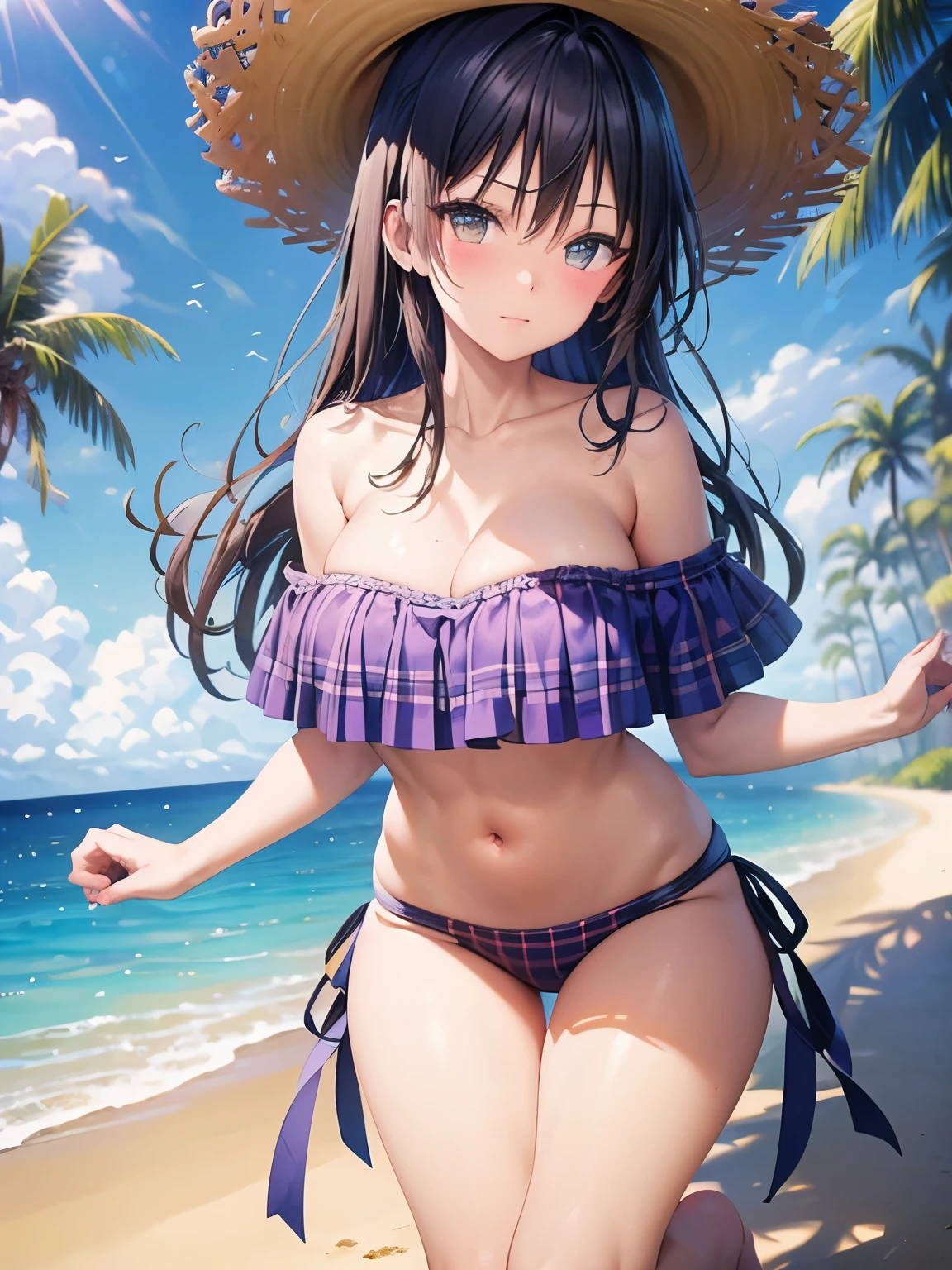 off-shoulder bikini　purple　Gingham Plaid、Lace print bikini　Black　Polka dots、Big Breasts、Beautiful feet、Aroused expression、Black Hair　long hair、Seaside　blue sky　Palm tree　Beach parasol、Are standing　Sideshow　Sexy pose、Firm stomach、Wet　whole body、Straw hat