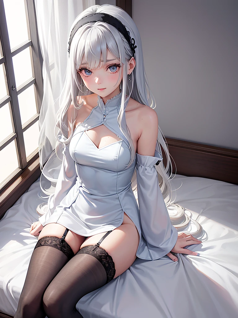 Character Details:, - Gender: 1 Girl.
- Style: Anime, - Body Type: Attractive body, nice body, nice legs, slim tights, nice arms, nice shoulders. - Breast: (Breast:1.2)- Facial Feature: Beautiful, Gorgeous, ager, Fresh, Young.
- Expression: Small smile, shy Look, (blue pink eyes). - Hairstyle: Blunt Bangs. - Hair Color: (White Grey Hair:1.5), (Straight and Wavy Long Hair:1.3),
- Clothing: (Sexy baby doll Dress, Open Sleeves, Can see shoulder:1.6, Laced Stocking.). - Body Pose: (Sitting on bed:1.3), (Hands down).. - Behaviour: Waiting, Want Something, Secretly.
- Accessories: Earrings, thin Black Headband, Green Hair Accessories, Environmental Details:, - Setting: Bed Room., - Lighting: Natural Light., - Decoration: Modern Bed, Chair, Window, White Curtain, City View. Top view. pov, anime style, UHD, retina, masterpiece, accurate, anatomically correct, textured skin. One Hand on cheek, one hand down.
