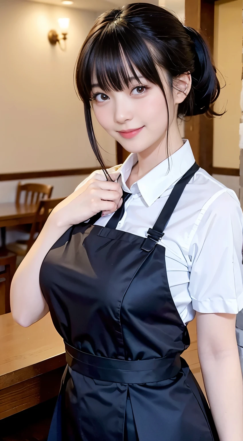 (Highest quality,masterpiece:1.3,Ultra-high resolution,),(Very detailed,Caustics),(Realistic:1.4,RAW shooting,)Ultra-Realistic Capture,Very detailed,High resolution 16K human skin closeup。 Natural skin texture、,pores、、、、It must be detailed enough to be easily identifiable。 Skin tone is even and healthy looking。 Use natural light and color,restaurant,Waitress Uniform,1 person,Japanese,18-year-old,cute,Black-haired,ponytail,Big Breasts,smile,Turn your body forward,(Front view:1.1),Looking into the camera,Cowboy Shot,