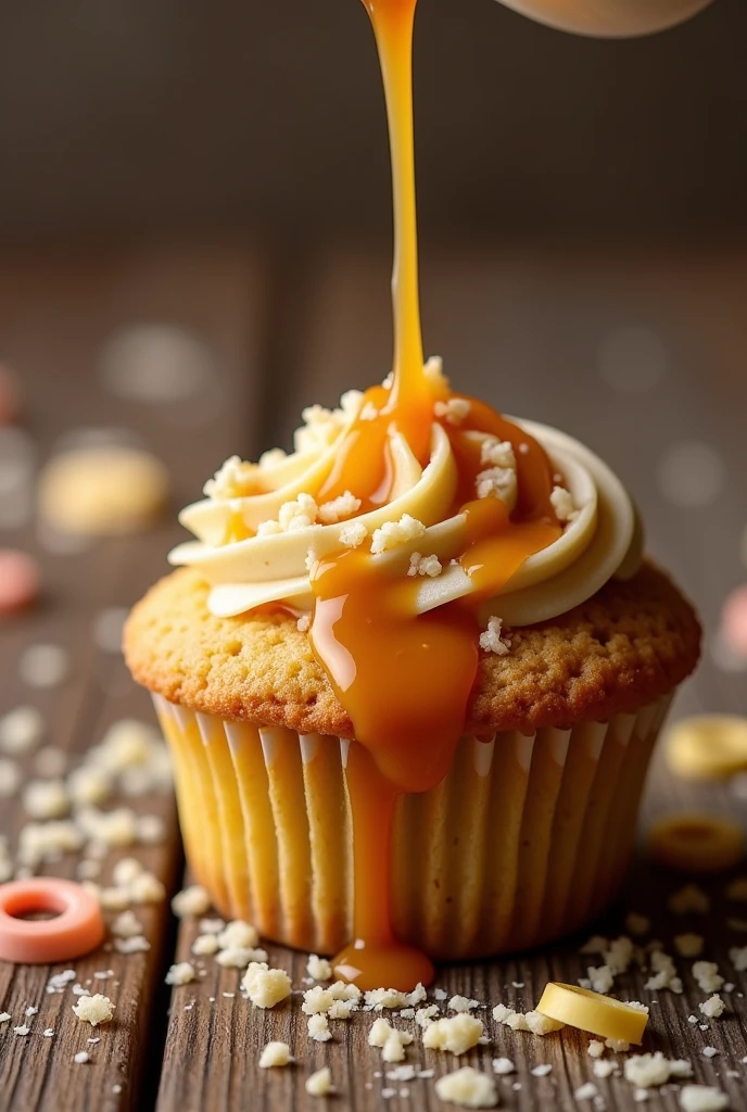 Walang icing na cupcake na may maraming dulce de leche na saunce on top with a lot of grated cheese toppings 