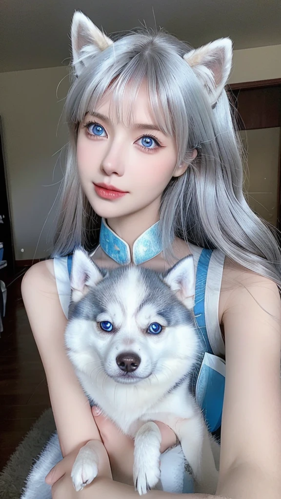 arafed woman with a husky dog in her arms, with blue fur and blue eyes, cute beautiful, with blue eyes, white wolf with blue eyes, beautiful model, with bright blue eyes, profile pic, beautiful cute, husky dog, she has blue eyes, siberian husky, very beautiful girl, mesmerizing blue eyes, with vivid blue eyes, husky