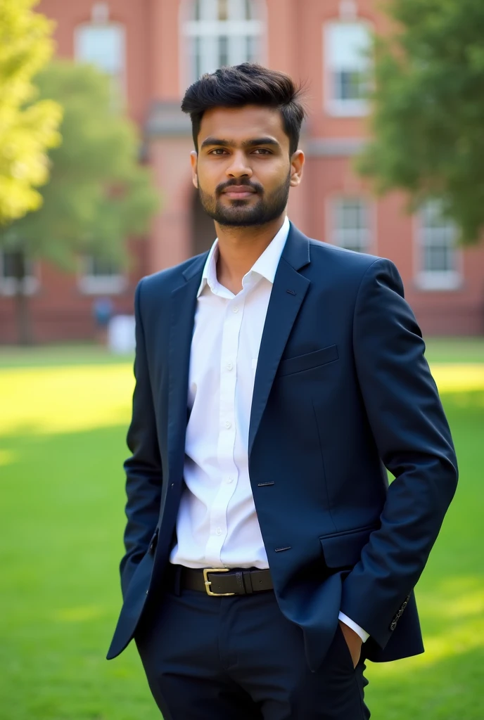 Generate a male indian student photo wearing blazer for posing resume with college background