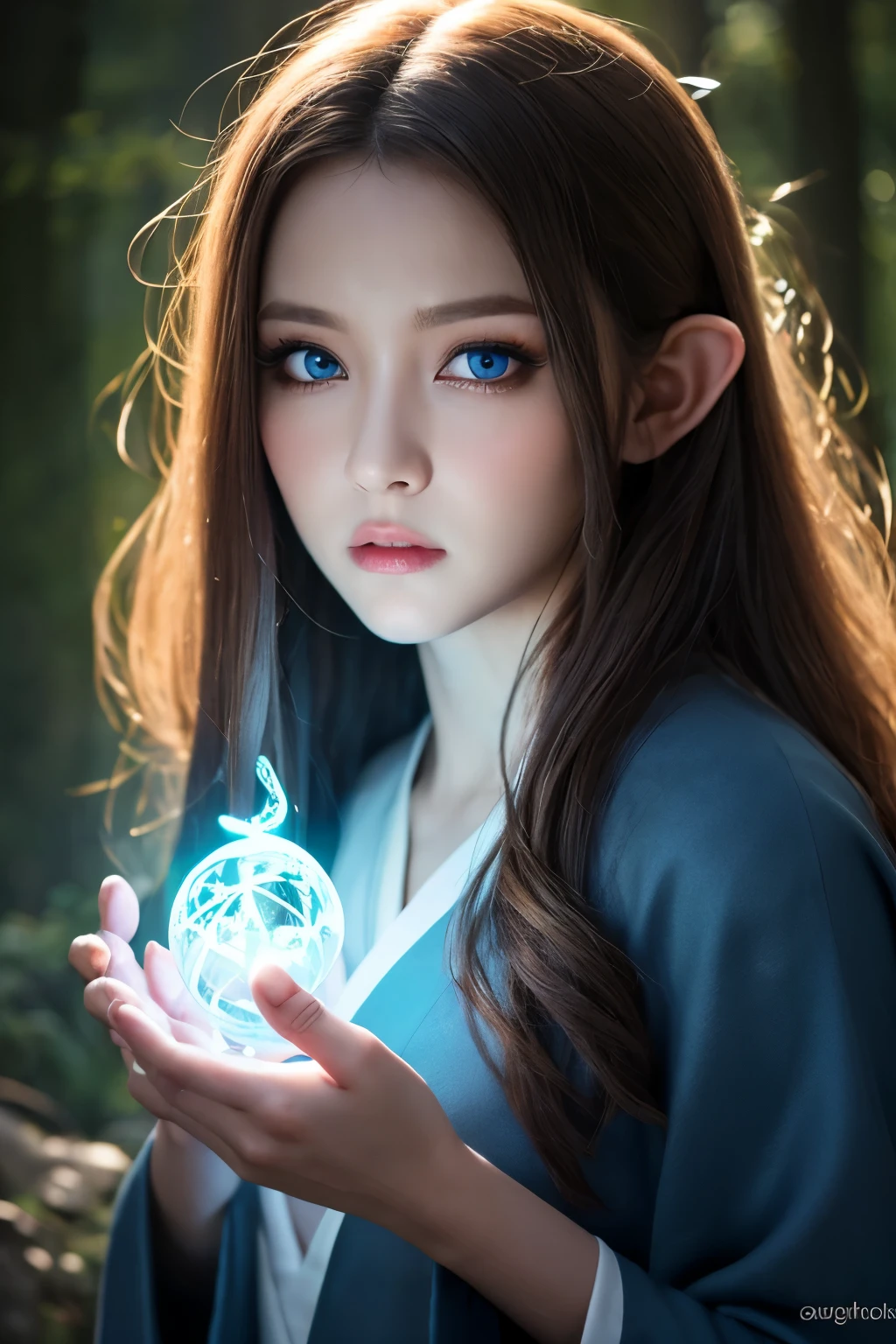 ((masterpiece)), ((best quality)), (ultra-detailed), ((kawaii)), cute, (lovely), ((extremely detailed)), 4K, (8K), best quality, (beautiful), photorealistic, portrait, legendary, elf, a cute girl, solo, sorceress, ancient forest, mystical, aura, flowing robes, glowing, runes, wisdom, magic, serene, timeless, beautiful blue eyes, cinematic lighting,