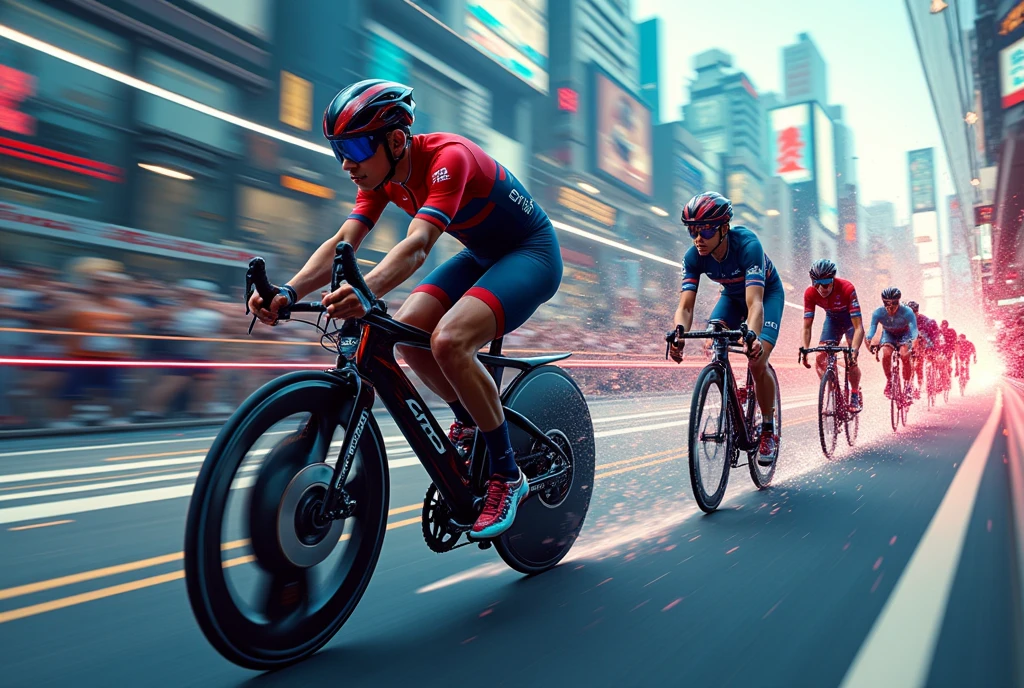 A high speed Japanese bicycle race, dynamic motion blur, dramatic lighting, intense competition, sleek futuristic bicycles, aerodynamic cyclist bodies, vivid colors, dramatic composition, cinematic atmosphere, (best quality,4k,8k,highres,masterpiece:1.2),ultra-detailed,(realistic,photorealistic,photo-realistic:1.37)