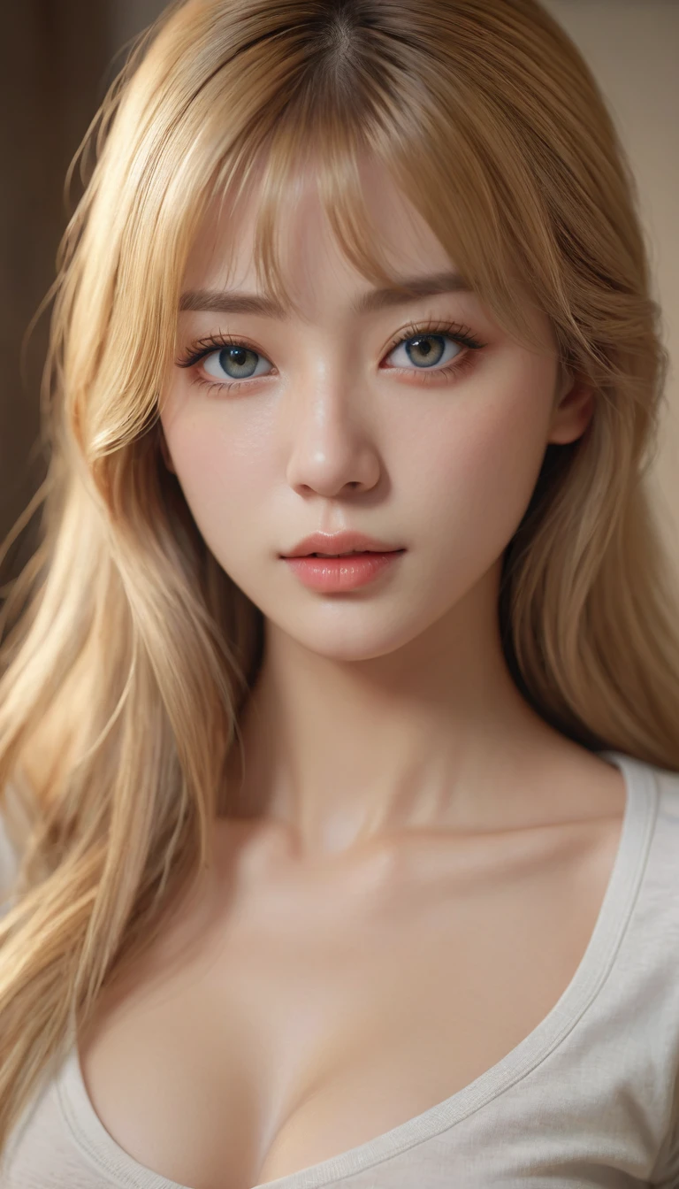 a beautiful detailed girl with long golden blonde hair, half japanese and half caucasian, slender figure, medium breasts, wearing a t-shirt, gleaming skin, in a bedroom, (best quality,4k,8k,highres,masterpiece:1.2),ultra-detailed,(realistic,photorealistic,photo-realistic:1.37),highly detailed face, beautiful detailed eyes, beautiful detailed lips, extremely detailed eyes and face, long eyelashes, serene expression, natural lighting, warm color tones, cinematic, intricate details, delicate, elegant, dreamy