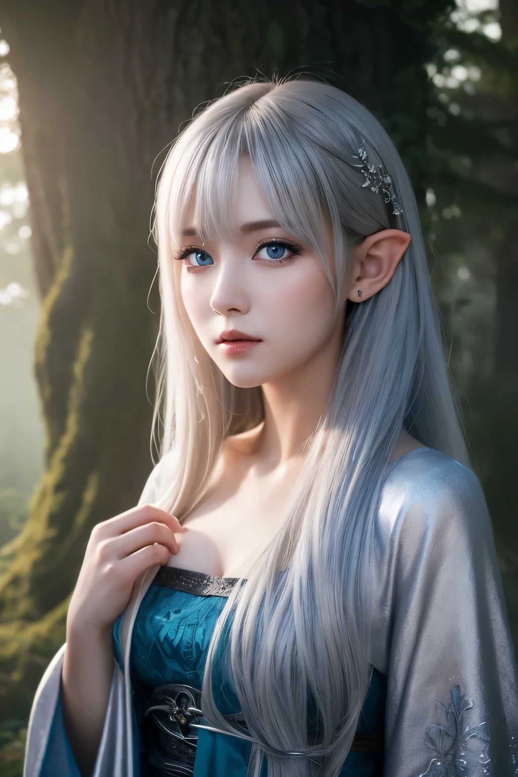 ((masterpiece)), ((best quality)), (ultra-detailed), ((kawaii)), cute, (lovely), (sexy), ((extremely detailed)), 4K, (8K), best quality, (beautiful), photorealistic, portrait, legendary, elf, a cute girl, solo, sorceress, ancient forest, mystical, aura, flowing robes, glowing, runes, wisdom, magic, serene, timeless, beautiful blue eyes, beautiful silver hair, cinematic lighting,