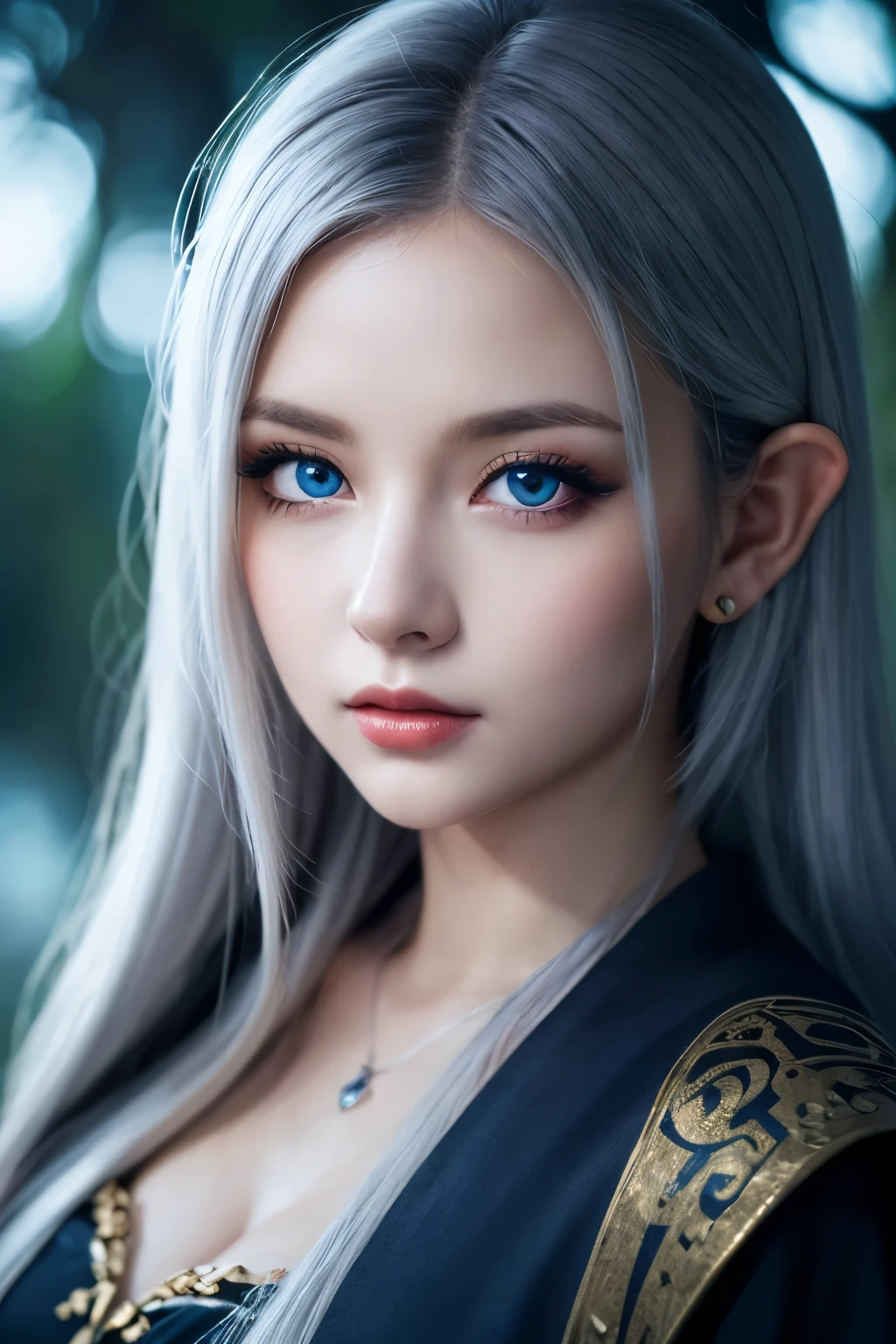 ((masterpiece)), ((best quality)), (ultra-detailed), ((kawaii)), cute, (lovely), (sexy), ((extremely detailed)), 4K, (8K), best quality, (beautiful), photorealistic, portrait, legendary, elf, a cute girl, solo, sorceress, ancient forest, mystical, aura, flowing robes, glowing, runes, wisdom, magic, serene, timeless, beautiful blue eyes, beautiful silver hair, cinematic lighting,