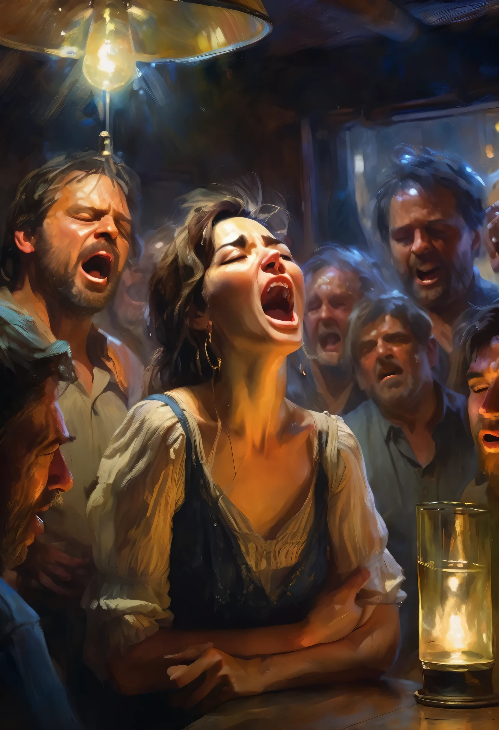 Sam Spratt Style, (super detailed, top quality), oil painting, clear colors, light touch captures people's expressions in a natural way. Portrait of a woman in a tavern singing lullaby to exhausted men with a glass in one hand, spotlight, middle hair, sleeveless dress, masterpiece,
