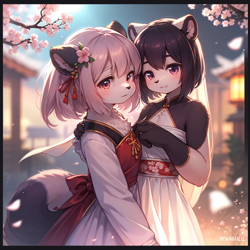 ((highest quality)), ((masterpiece)), (be familiar with), two girls，Facing each other，My chest is touching，perfect face,Erotic，Japanese idol，((Land of Gems))，mini skirt，Cat ear，Breast exposure，Nipple exposure，two girls touching each other&#39;s breasts，butt exposure，Sensual，blushing，shy face，above the sky，flying，outdoor，over the sky，cloud