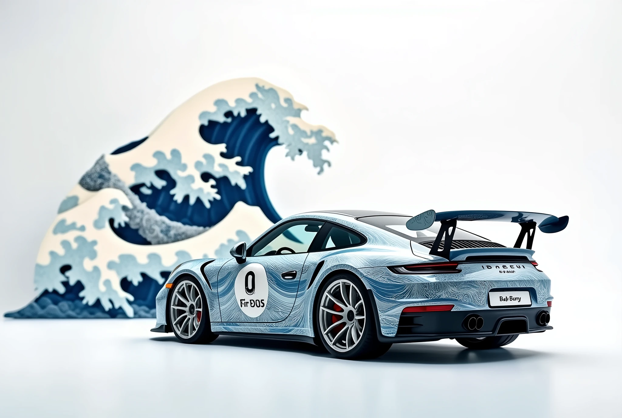 Side full view Generate a stunning, minimalist scene featuring a Porsche 911 GTS, numberplate reads "Bad Bunny", adorned with intricate Japanese wave art painted on the car, inspired by Hokusai’s 'The Great Wave off Kanagawa.' The car’s livery seamlessly blends shades of deep blue and white, depicting elegant ocean waves rolling across its sleek body. In the background, a three-dimensional wave sculpture mirrors the car’s design, with soft paper-like textures giving it an artistic and surreal quality. The scene is set against a clean, white background, allowing the detailed artwork to take center stage, while the car’s powerful form remains sharp and striking.