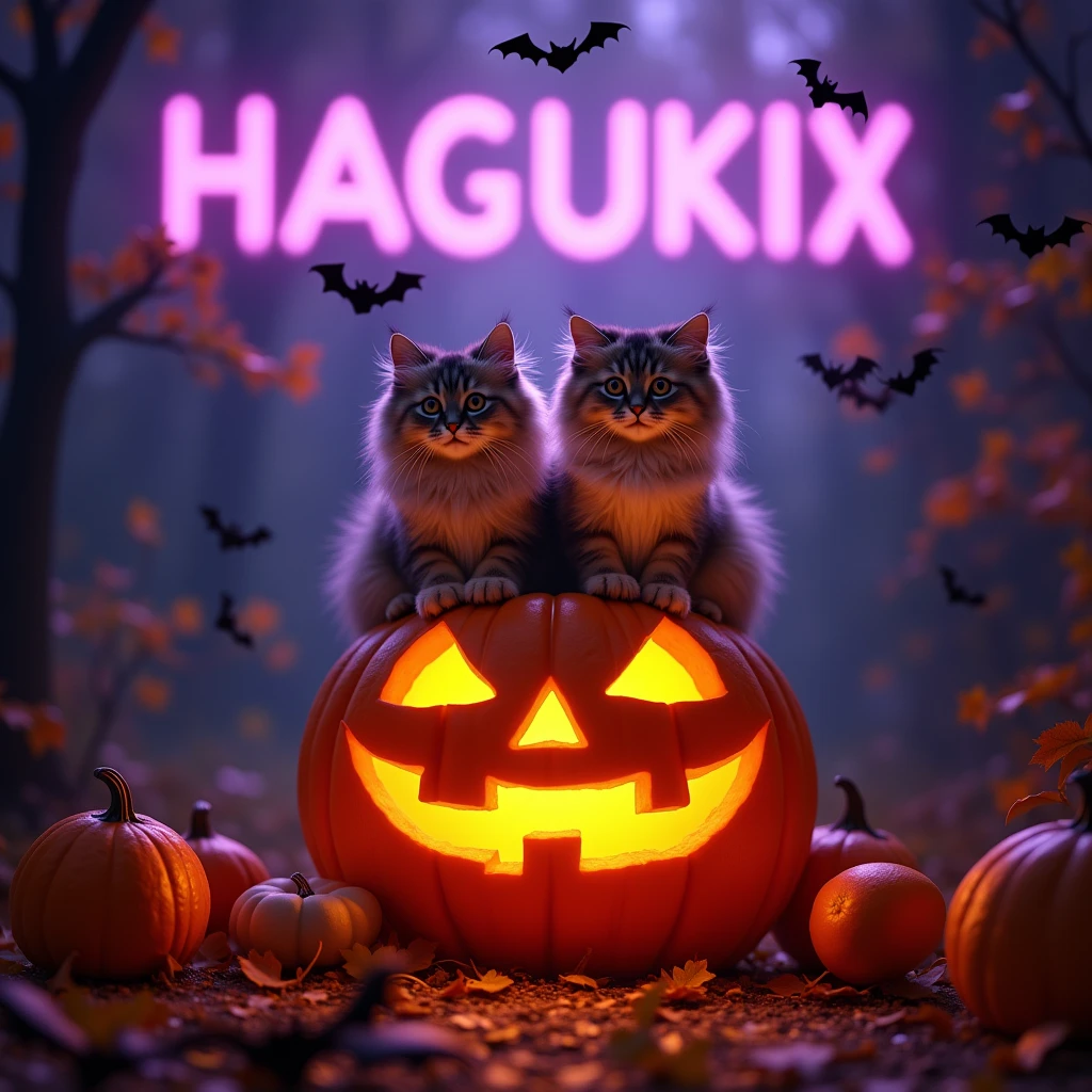 Long-haired cats、Sitting on top of a jack-o'-lantern、Bats are flying、Purple light is pouring down from the mirror ball above.、The word HAGUKIX is written in the background、