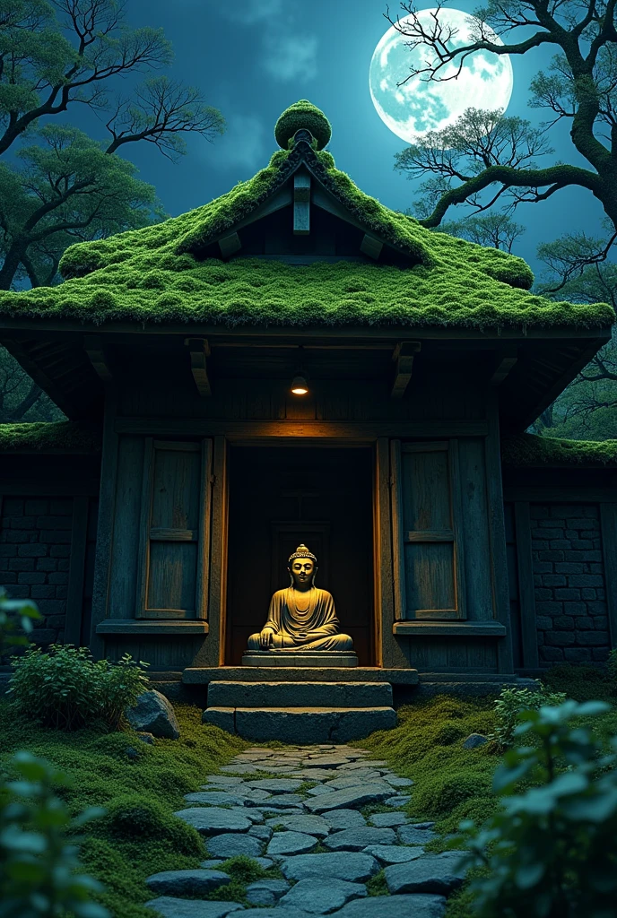 Ancient Japanese temple。Walls and roof are dilapidated。Moss-covered。

Buddha statue inside the building。Not large、Not grand。Somewhere creepy。

Time is midnight、The surroundings are dimly visible in the moonlight。

The Buddha statue's mouth is unnaturally smiling。